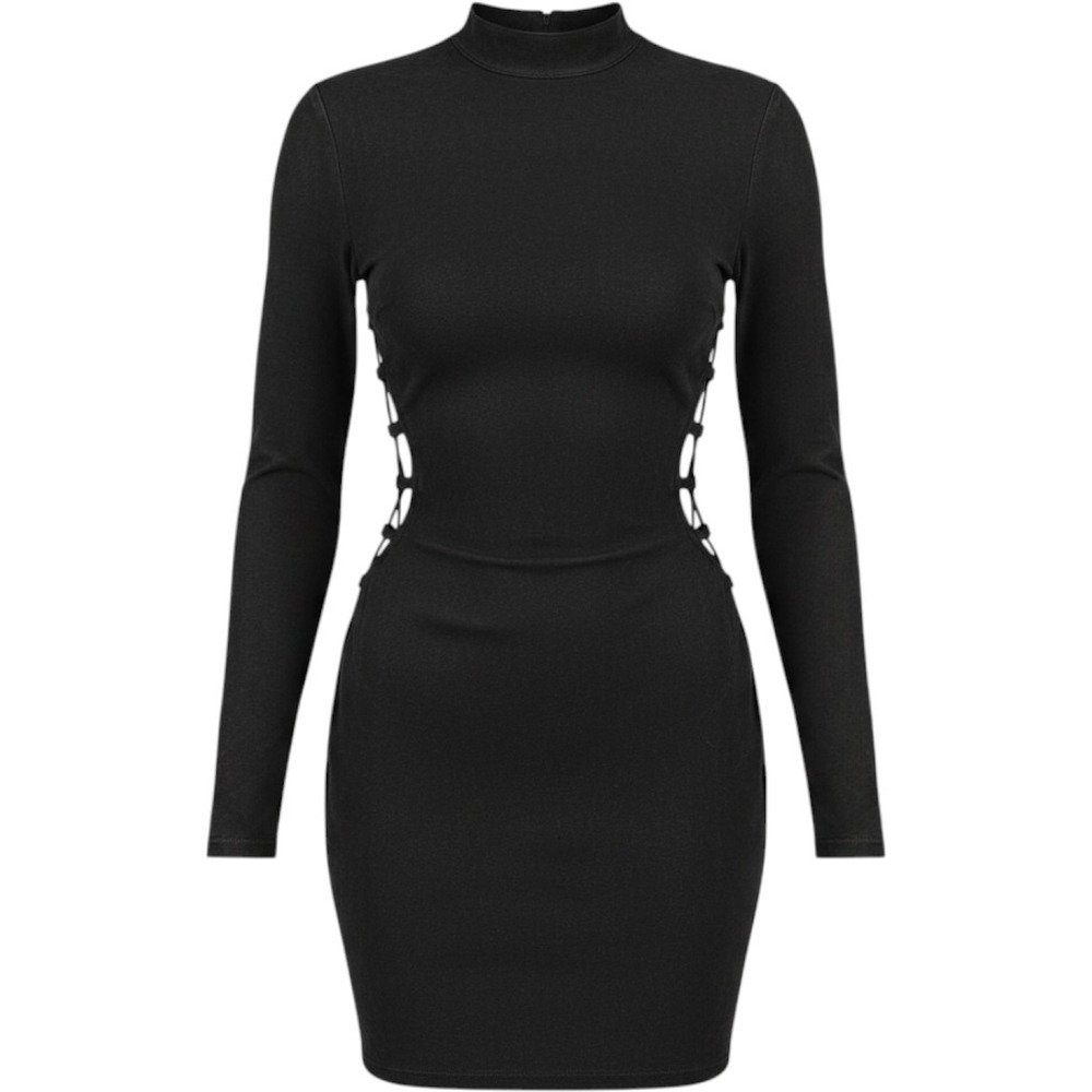 Windsor Womens Black Mock Neck Side Lace Up Cutout Long Sleeve Mini Dress S